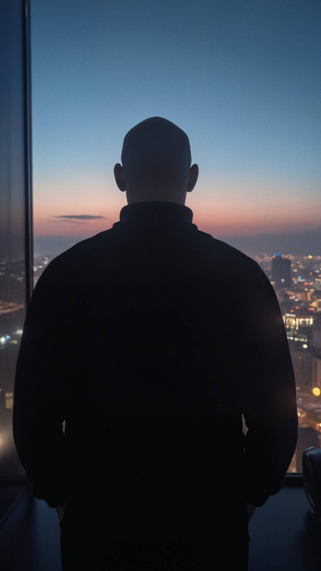 eidostein, seen from behind, looking over a city at dusk